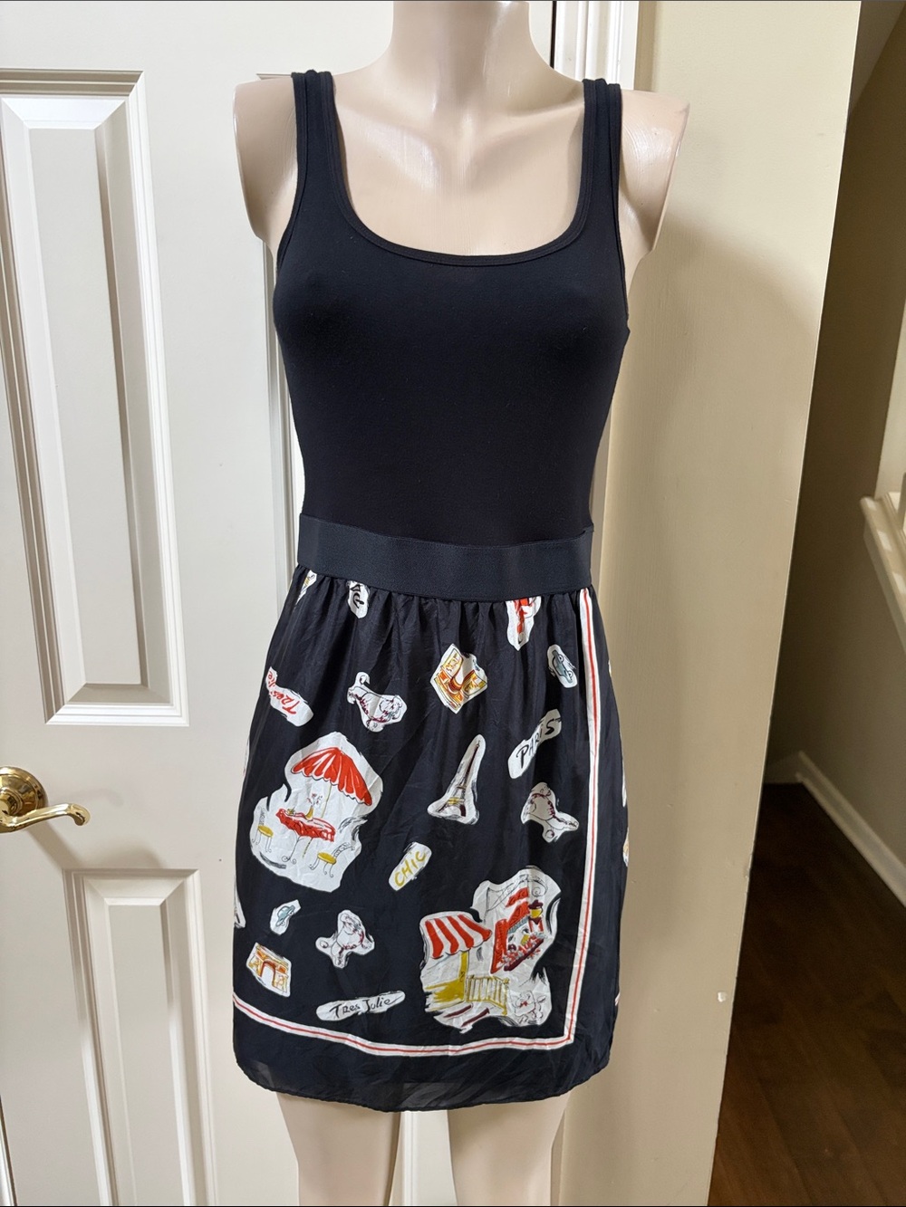 Bailey 44 Black Tank Dress with Playful Market Print Skirt, med